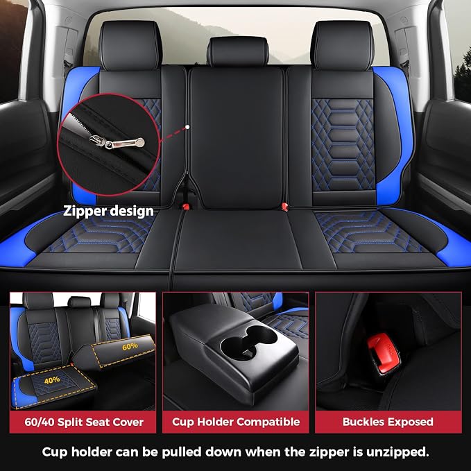 FREESOO Custom Leather for Toyota Tundra Seat Covers 2014-2021 Crewmax Cab | Custom Fit, Full Set, 60/40 Split Bench, Waterproof Faux Leather, for Truck Toyota Tundra Accessories, Blue - Image 4