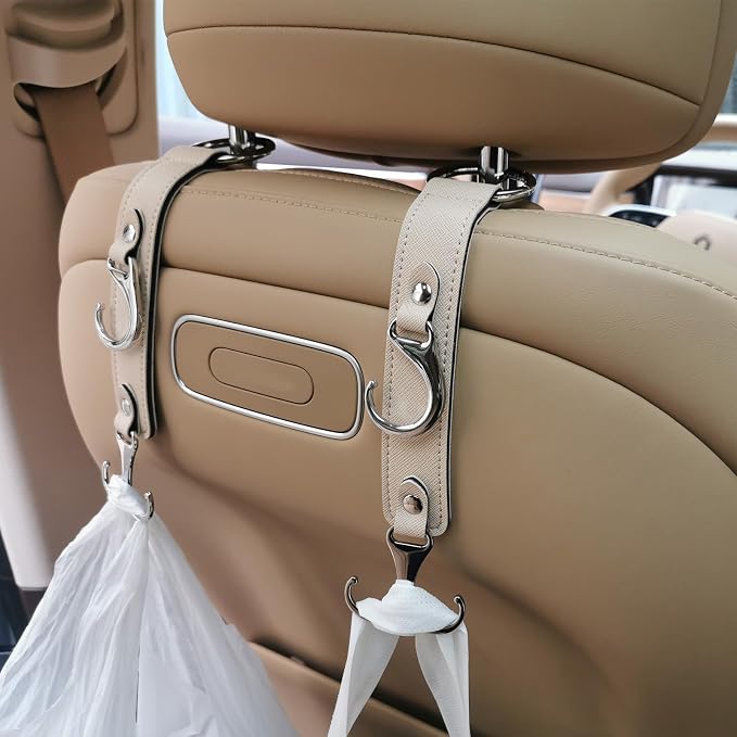Car Headrest Hook Faux Leather Hanger Purse Bag Holder Purse Hook | 3-in-1 design, 50lb capacity, alloy buckle, fits most cars. Holds bags, groceries, umbrellas. easy stall, for front & back by yicheyiyou