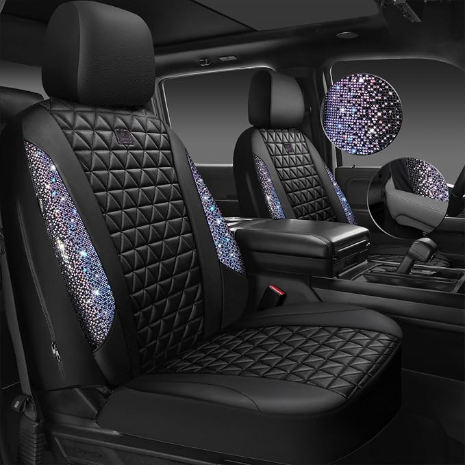 CAR PASS Bling Diamond Black Leather Car Seat Covers Full Set Interior Sets, Waterproof Shining Glitter Sparkly Crystal Armrest Fit Automotive Truck SUV Cute Women Girl, Bedazzed Iridescent Rhinestone - Image 2