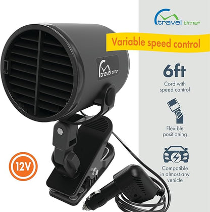 TRAVEL TIME 12V Turbo Fan Clip-On, Black – Universal for Most Vehicles, Variable Speed Control, Cooling Fan, Portable Fan for Cars, Trucks, and UTV's - Image 2