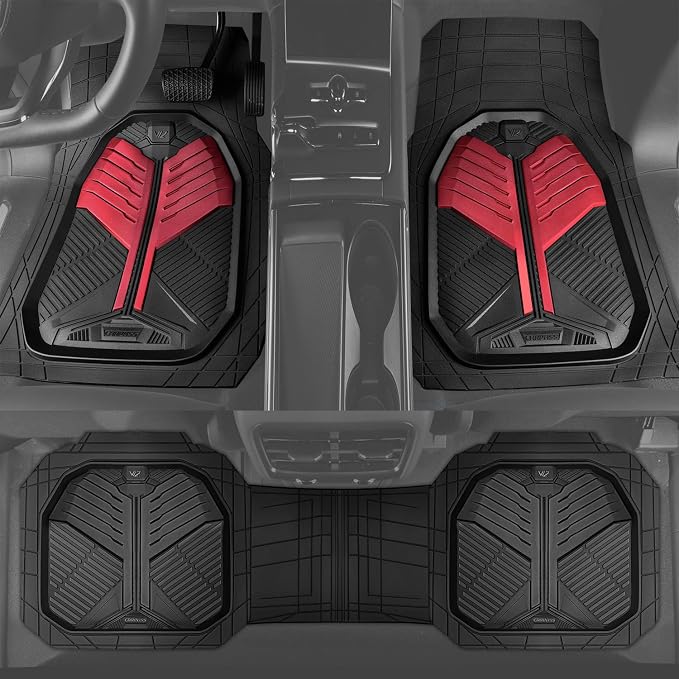 CAR PASS Heavy Duty Rubber Car Mats, Deep-Dish Car Floor Mats All Weather, Universal Two-Tone Trim-to-Fit for SUVs Trucks Sedans, Waterproof Anti-Slip, 3 Pieces V12 Black and Metallic Red - Image 8