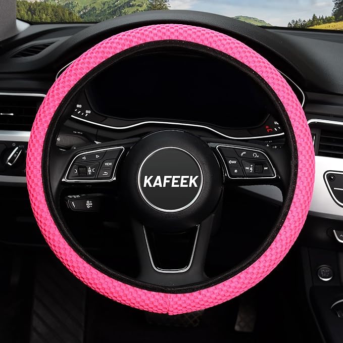 KAFEEK Elastic Stretch Steering Wheel Cover, Universal 15 Inch, Rose Red | Breathable Ice Silk Microfiber, Non-Slip Grip, Warm in Winter and Cool in Summer, Odorless - Image 2