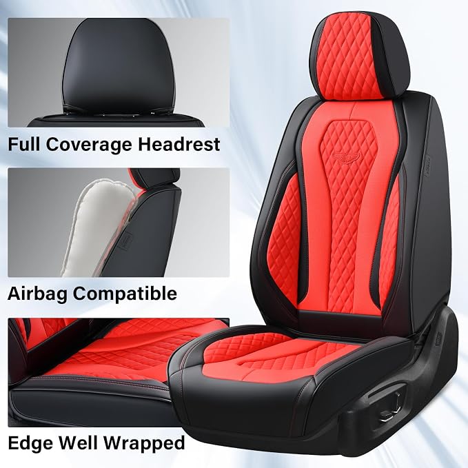 Coverado Car Seat Covers, Seat Covers Full Set, Red Car Seat Cover, Auto Seat Covers Front Seats Rear Seat Cover, Luxury Car Seat Cushion,Leather Seat Cover Seat Protector Universal Fit Most Cars - Image 6