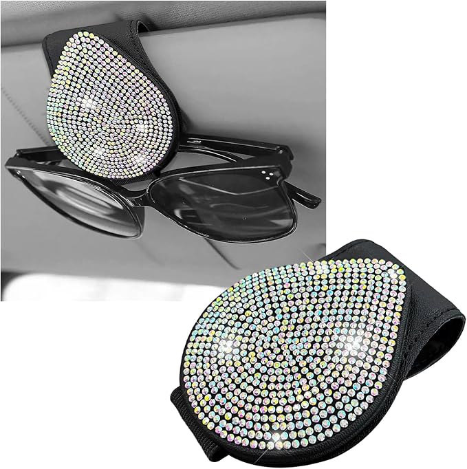 KVAEY Bling Sunglass Holder for Car Visor, Magnetic Leather Visor Clip Glasses Holder with Sparkling Rhinestones, Crystal Visor Ticket Card Clip for Women Girls, Car Accessories (Black & Colorful) by KVAEY