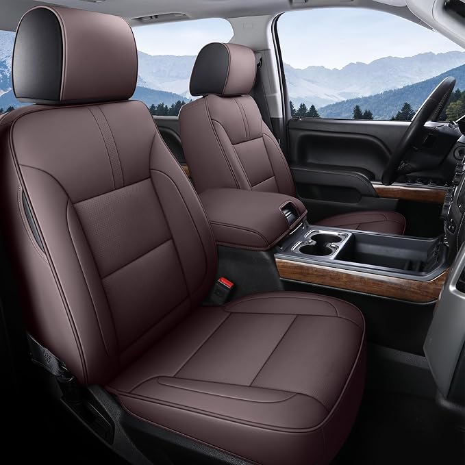 Coverado Chevy Silverado Seat Covers, Faux Leather Seat Covers Fit for Chevy Silverado GMC Sierra 2007-2026 1500, 2015-2026 2500HD 3500HD Crew Double Extended Cab (Front,Brown) by COVERADOAUTO