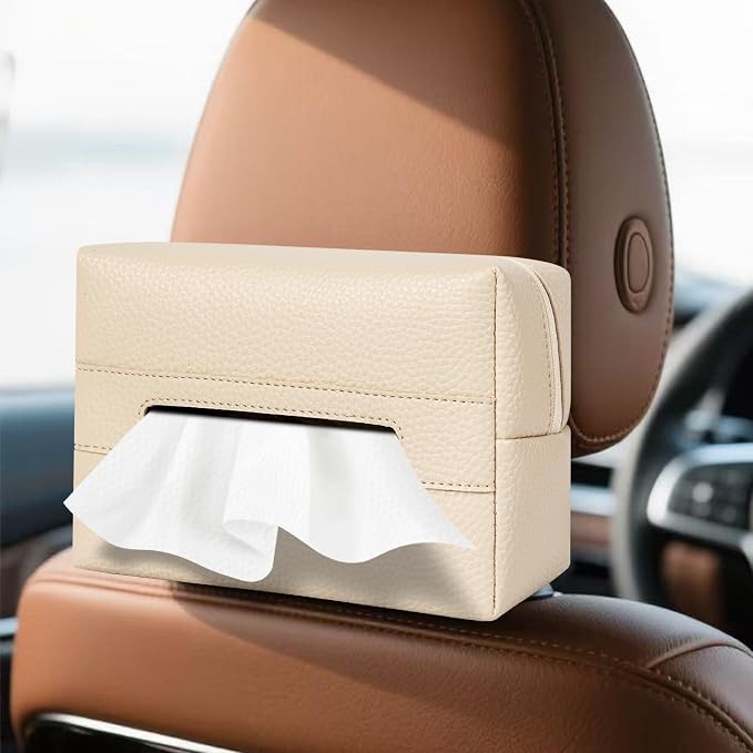Car Tissue Holder, Standard Tissue Holder for Pu Leather Car Napkin Holder, Backseat Extra Large Tissue Organization Fit for 120-230 Tissues per Box 7.08'' x 4.72'' x 3.15'' (Beige) by Unknown