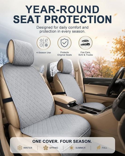 Linen Car Front Seat Covers, Breathable Linen Car Seat Protector | With A Carrying Pouch And Non-Slip Nubs On The Back; Universal Fit Cars Vans SUVs Trucks, 2 Units, Grey - Image 2