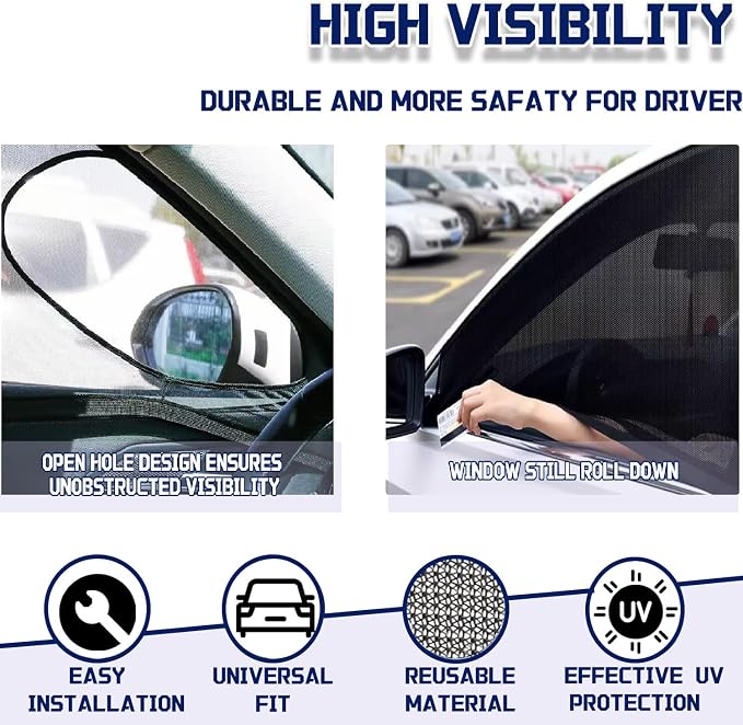 Car Front Window Shades, OUTTDID 2 Pack Side Window Sun Shades,Stretchy Mosquito Net Cover Fit Cars SUVs - Up to 31.5”x49.6” - Image 3
