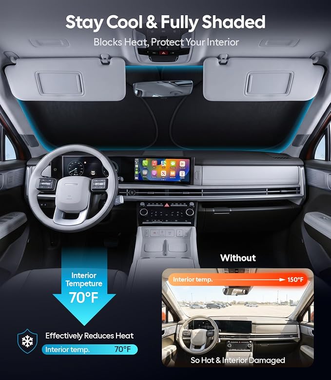 Wigoo for Hyundai Santa Fe Windshield Sunshade, Custom Fit, Heat Blockage | Custom Fit, Cooling Tech Fabric, Foldable Heat-Blocking Sunshade with Storage Bag, for Hyundai Santa Fe 2019-2026 Accessories - Image 2