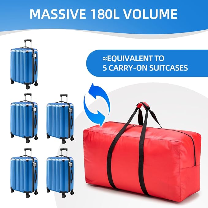 Extra Large travel duffel bag with Strong Handles, 180L Waterproof duffel bag, Durable Zippers, Extra Large Storage Totes for Space Saving and Moving Supplies, Red - Image 7