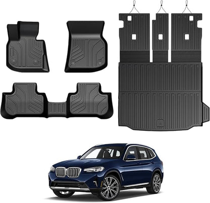 Floor Mats for 2018-2024 BMW X3 Accessories (Not fit X3 30e) | Full-Coverage Mats Set with Integrated Cargo Liner & Backrest Mat, Odorless & Durable, All-Weather Protection, 3D Laser Fit by GALVAGNITE