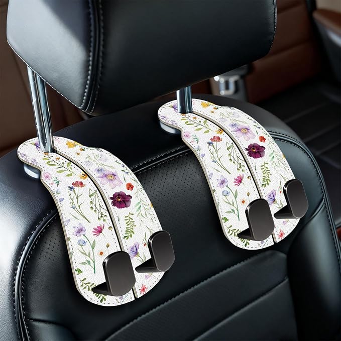 Blusabaca 2PCS Car Seat Headrest Hooks, Purses Bags Holder, Flowers Floral | PU Leather, Double Metal Back Storage Hangers for Grocery Bags Handbags Bottles Coats Phones, Car Accessories Organization by Blusabaca