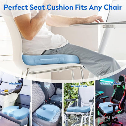 CushZone Memory Foam Seat Cushion for Office Chair & Car, Light Blue | U-shaped Coccyx Cutout, Contoured Design, Breathable Removable Mesh Cover, Non-Slip Base, Carry Handle - Image 5