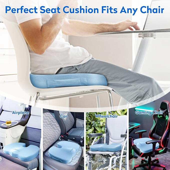 CushZone XXL Memory Foam Seat Cushion for Office & Car, Light Blue | U-shaped Coccyx Cutout, Contoured Design, Breathable Removable Mesh Cover, Non-Slip Base, Carry Handle - Image 5