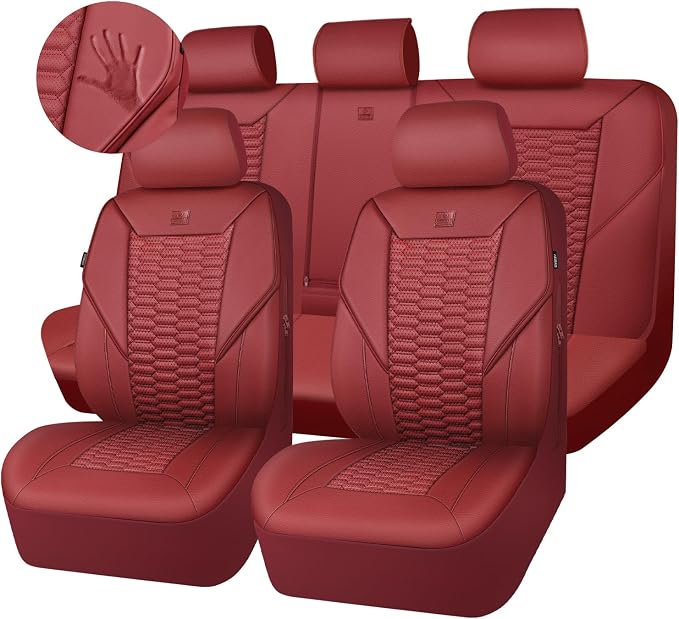 CAR PASS 3D Foam PU Leather Car Seat Covers Full Set,Luxury Breathable Faux Leather Seat Covers for Car,Anti Slip Universal Fit for SUVs Vans Sedan Trucks Automotive,Armrest Airbag Compatible Burgundy by CARPASS