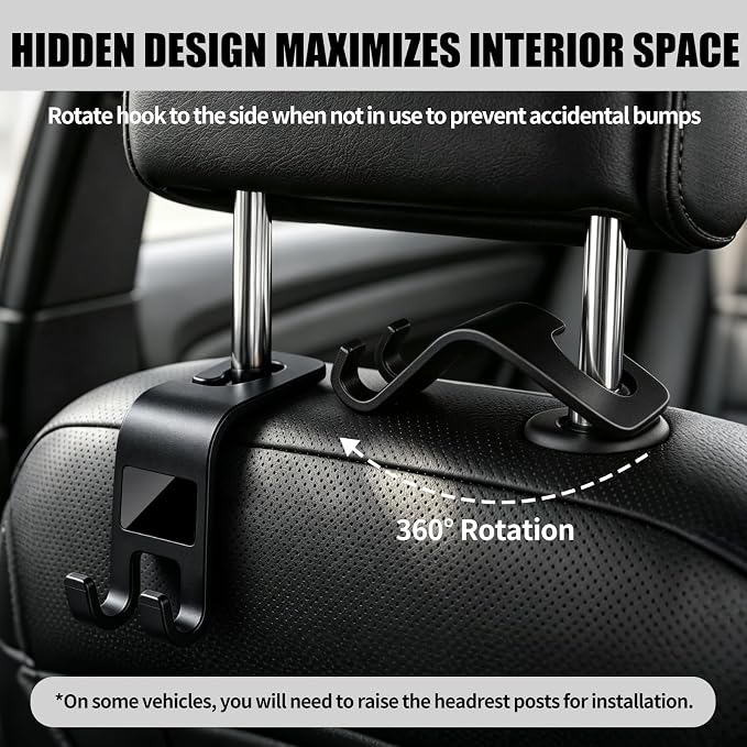 ZSDY Car Seat Headrest Hooks Heavy Duty Vehicle Back Seat Storage Organizer Hanger for Purse Grocery Bags Coat Universal Car Interior Accessories 4 Pack, Black - Image 3