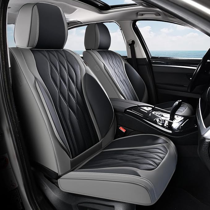 Coverado Front Seat Covers, Car Seat Protector, Waterproof Nappa Leather Cushion, Fit for Most Sedans SUV Pick-up Truck-Gray&Black by COVERADOAUTO