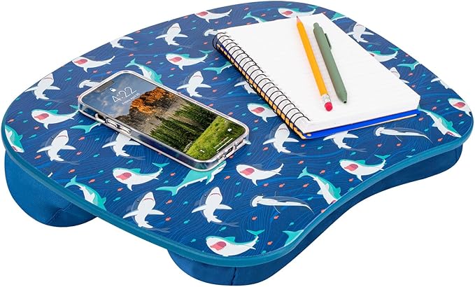 LAPGEAR MyStyle Lap Desk – Shark, Fits 15.6” Laptops | Dual-Bolster Microbead Cushion, Built-In Carry Handle, Ergonomic Curved Front Edge by LapGear