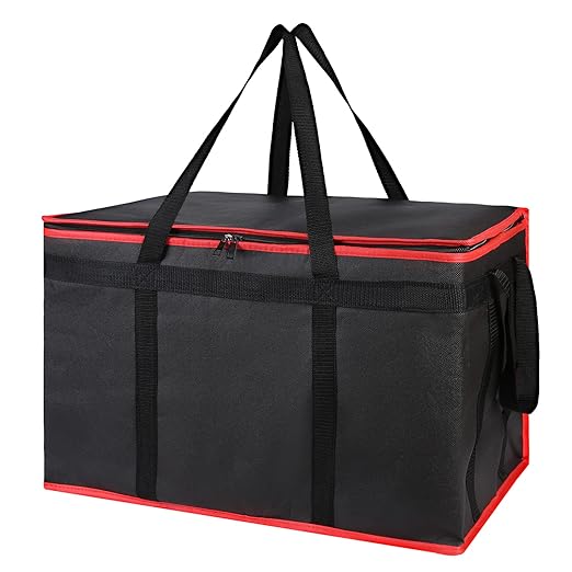 Bodaon 3-Pack Insulated Food Delivery Bag for Hot and Cold Meal, XXXL Cooler/Thermal Bags, Grocery Tote Insulation Bag for Catering, Large Pizza Warmer, Black with Red Edge by Bodaon