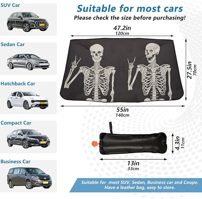 Skull Windshield Sun Shade Umbrella Fun Human Skeleton Black Foldable Car Front Window Sunshade Blocks UV Rays Heat Keep Vehicle Cool (55" x 27.5") - Image 4