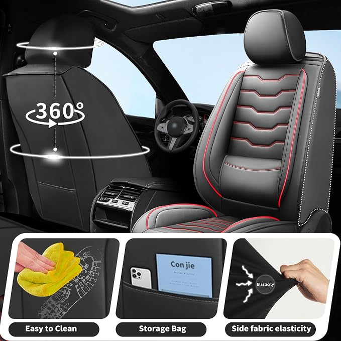 Fit Sentra Car Seat Covers Premium Leather for Nissan Sentra 2008-2025 2026. Waterproof， Breathable, Scratch-Resistant & All-Weather Seat Cushion Protector（2 Front Seats,Red Line Black - Image 4