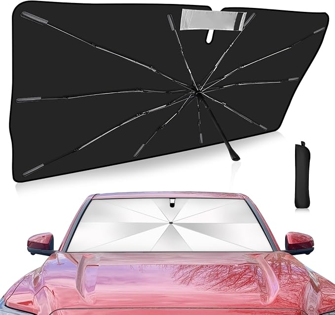 Windshield Sun Shade Umbrella Compatible with Toyota Tacoma 2016-2026, Upgraded Titanium Silver Sunshade with 360° Bendable Handle & Rearview Mirror Cutout, Reflective UV Heat Insulation by VEENJOY