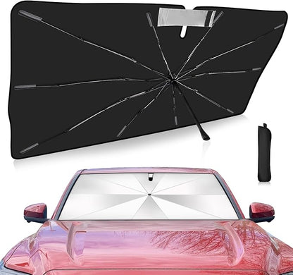 Windshield Sun Shade Umbrella Compatible with Toyota Tacoma 2016-2026, Upgraded Titanium Silver Sunshade with 360° Bendable Handle & Rearview Mirror Cutout, Reflective UV Heat Insulation by VEENJOY