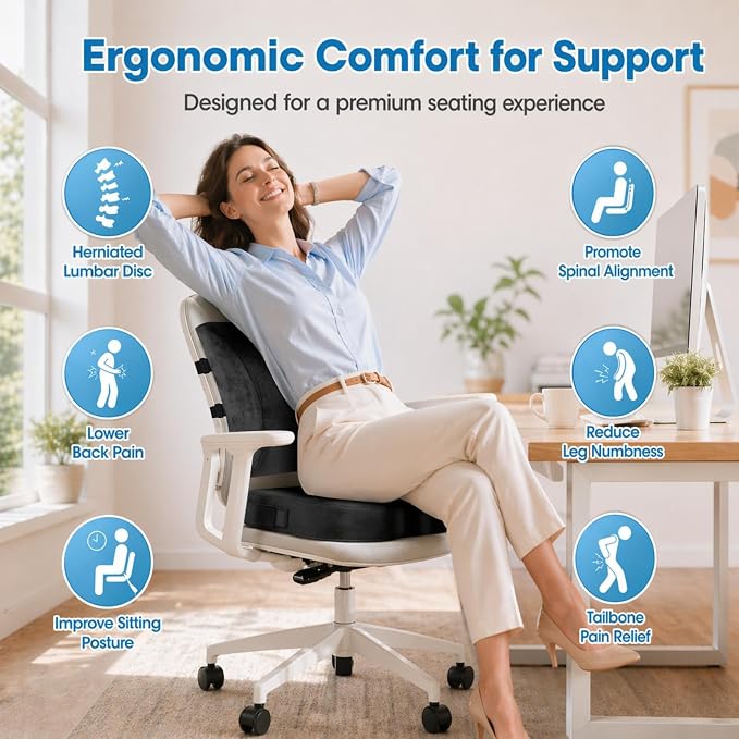 CloudBliss Ergonomic Seat Cushion & Lumbar Support Pillow Set, Grey, XL | Back Pain & Sciatica Relief, Memory Foam Support, Adjustable Straps, Machine Washable Velvet, Perfect for Office, Car, Gaming - Image 2
