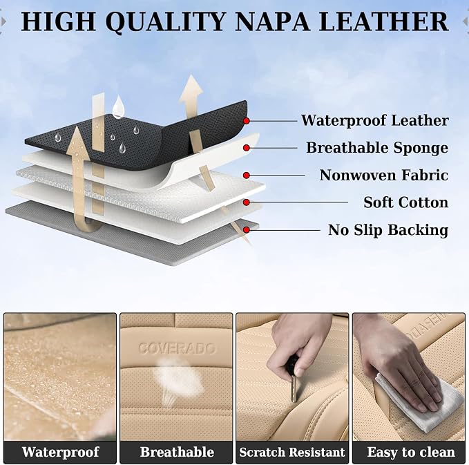 Car Seat Covers Full Set, Beige Seat Covers for Cars, Automotive Seat Covers, Waterproof Nappa Leather Front Seats and Back Car Seat Protector, Universal Fit for Most Cars SUV Trucks - Image 8