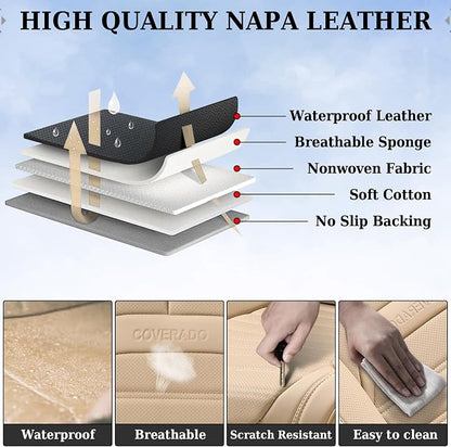 Car Seat Covers Full Set, Beige Seat Covers for Cars, Automotive Seat Covers, Waterproof Nappa Leather Front Seats and Back Car Seat Protector, Universal Fit for Most Cars SUV Trucks - Image 8