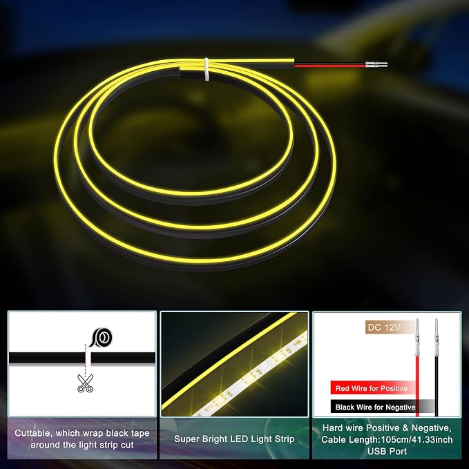 Acrylic Interior Car LED Strip Light with 6mm Sewing Edge - 43.3 inches Ambient Lighting Kits,Neon LED Strip Light(110CM/43.3IN, Yellow) - Image 5