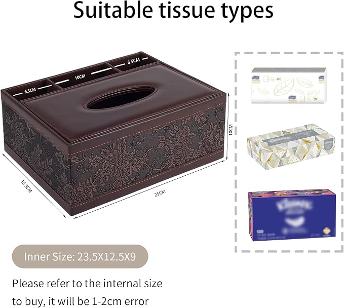 Tissue Box Cover Rectangle Retro Tissue Box Holder PU Leather Facial Tissues Organizer,Multifunctional Remote Control Stationery Storage Box,Home Office Supplies Car Napkin Caddy - Image 5