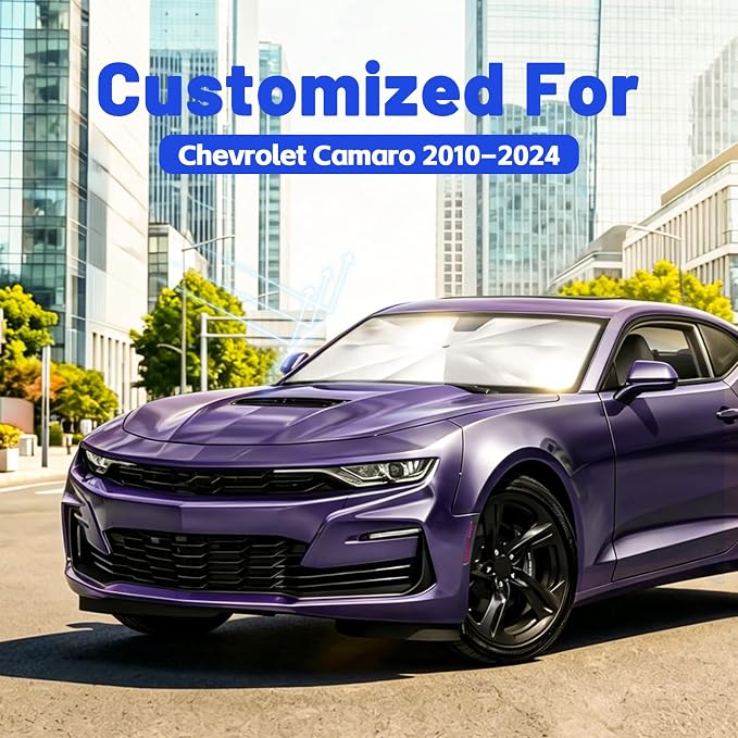 Car Windshield Sun Shade Umbrella for Chevrolet Camaro 2010-2024, 1:1 Fit | [Reflective Coated Fabric] Car Shades Sun Visor Keep Car Cool and Protects Interior, Sunshade Umbrella for Front Window - Image 2