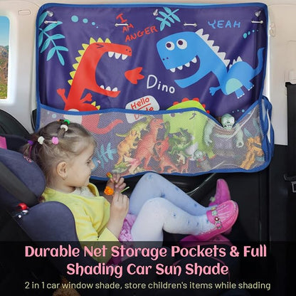 DIZA100 Car Window Shade for Baby, 2 Pack Car Sun Shades with Storage Net Pocket Auto Window Curtain 7 Suction Cups Blue Dinosaurs for Sun/Heat/UV Rays Protection Kids - Image 2