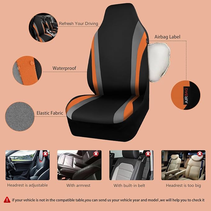 CAR PASS AquaShield Neoprene Waterproof Car Seat Covers Front Seats Only, High Back Bucket Seat Cover,Airbag Compatible,Seat Covers for Women Girl, Universal Fit for Auto Truck Van SUV (Black Orange) - Image 3