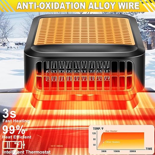 Portable Car Heater & Defroster – 12V 200W Fast Heating and Cooling Fan | Plug in Cigarette Lighter Windshield Defogger,with 360° Rotatable Portable Car Heaters for Vehicle, SUV & RV - Image 6