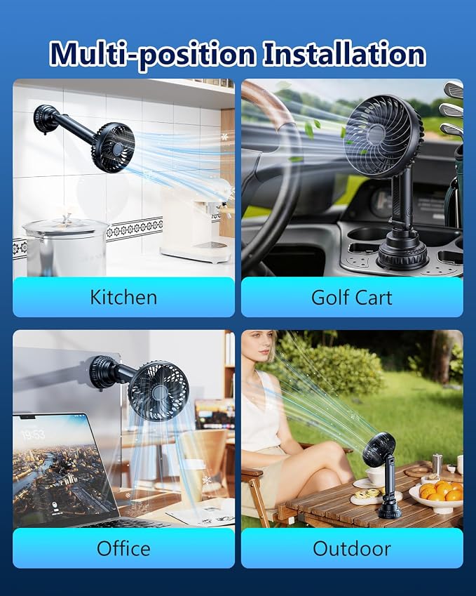 5000mAh Battery Fan for Car Windshield Sunroof Dashboard Headrest | 360° Rotatable 3 Speed Winds Car Window Fan with 2 Detachable Bases for SUV Van RV Pickup Truck Golf cart Camping Kitchen - Image 7