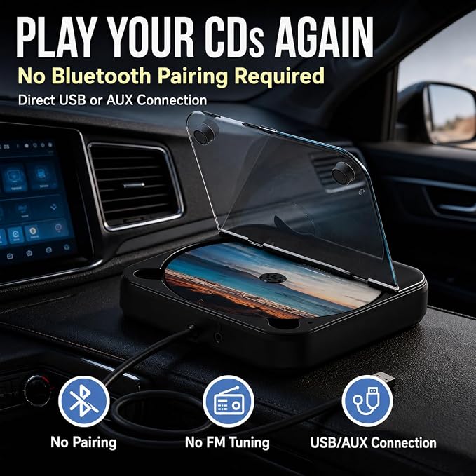 Portable Car CD Player, Plug & Play CD Player for Car, Anti-Skip, USB & AUX Compatible, Works with Laptop/Desktop/TV(Black) - Image 2
