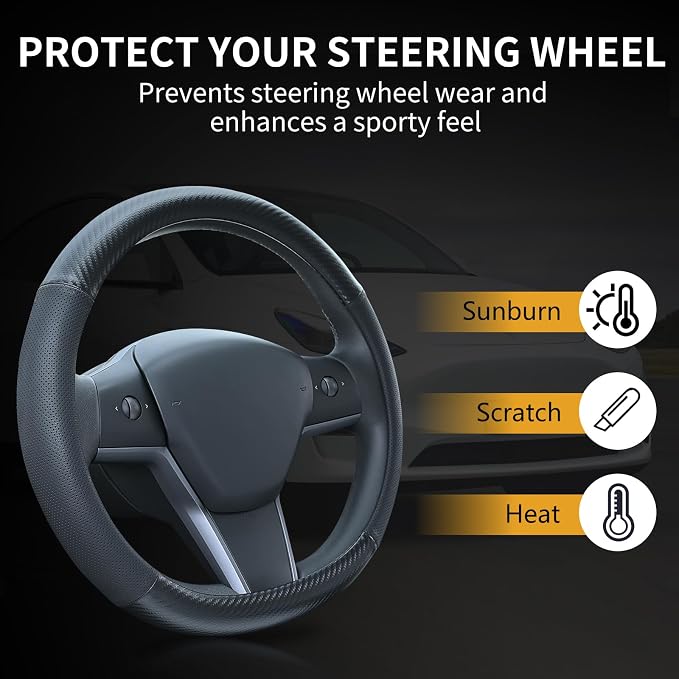 Uxcer Carbon Fiber Leather Steering Wheel Cover for Tesla Model 3/Y 2016-2025 2026 Juniper/Highland, Non-Slip Breathable Steering Wheel Protector for Tesla Model 3/Y Accessories 2026 - Image 6