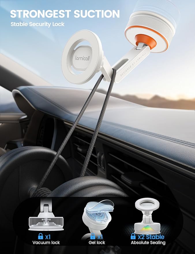 Lamicall Car Phone Holder Mount Ultra Nano Gel & 70+LBS Vacuum Suction Cup | 20X Strong Magnets 360° Phone Holders for Your Car Dashboard Windshield Car Mount for iPhone 17 16 15 Pro Max S26 S25 White - Image 4