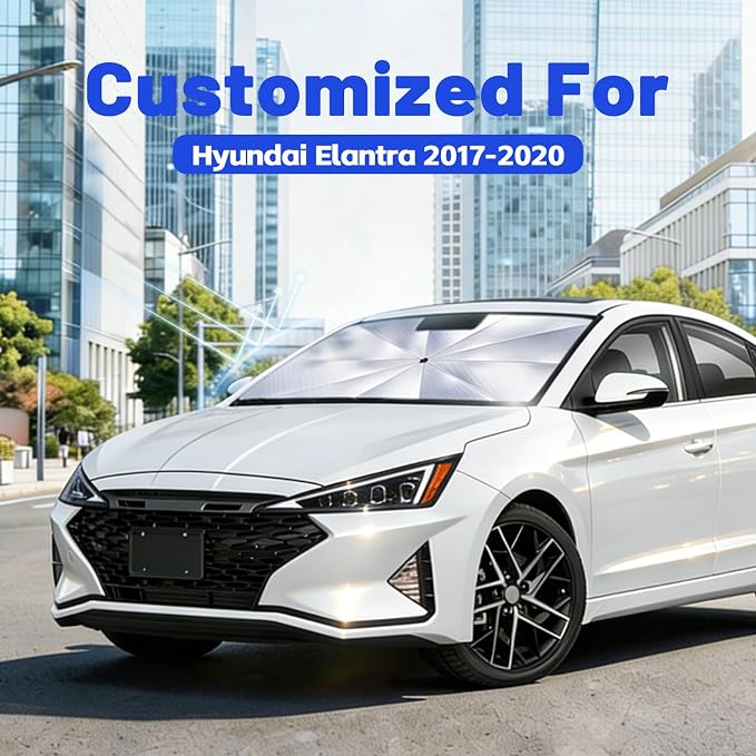 Car Windshield Sun Shade Umbrella for Hyundai Elantra 2017-2020, 1:1 Fit | [Reflective Coated Fabric] Car Shades Sun Visor Keep Car Cool and Protects Interior, Sunshade Umbrella for Front Window - Image 2