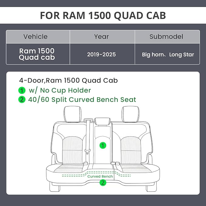 EKR Ram 1500 Seat Covers Custom Fit for (Quad Cab) RAM 1500 Big Horn/Long Star 2019-2025,Waterproof Black Car Seat Cover for Trucks Full Set-Faux Leather(Black with Blue Piping) - Image 2