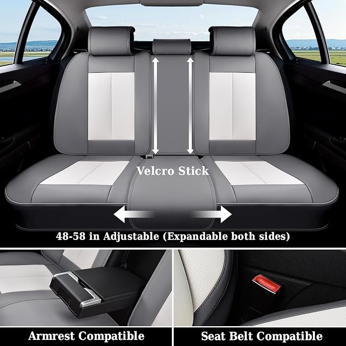 Coverado Car Seat Covers, Back Seat Cover for Dogs, Faux Leather Car Seat Covers Backseat, Car Seat Cushion, 3-Pieces Waterproof Universal Seat Covers for Cars Fit for Most Sedans SUV, Gray&White - Image 7