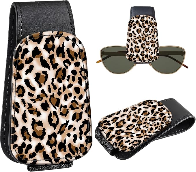 Leather Magnetic Sunglass Holder for Car Sun Visor, Cute Eyeglass Ticket Card Hanger Clip, Universal Auto Interior Accessories for SUV Pickup Truck, Classic Leopard by Unknown