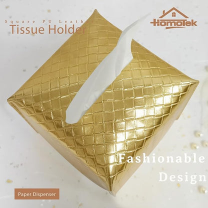 HOMOTEK 2 Pack Tissue Box Cover, Square PU Leather Tissue Holder, Decorative Facial Tissue Cube Paper Organizer Dispenser for Bathroom, Night Stands, Desk, Car 5X5X5'' - Woven Waffle, Brass - Image 2