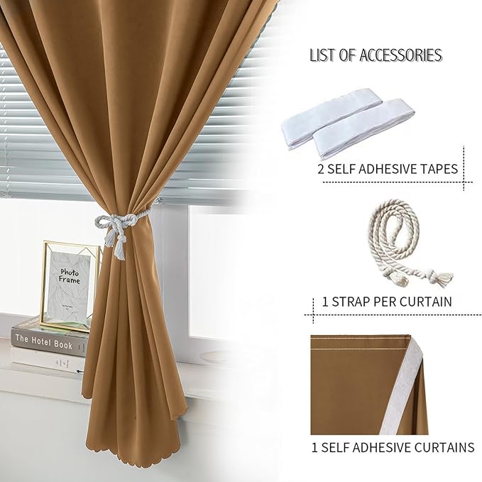 Self Adhesive Curtains, Stick Curtain Blackout Shades Window Cover Curtains for Living Room No Drilling, 47" W X 84" L, Brown, 1 Panel - Image 2