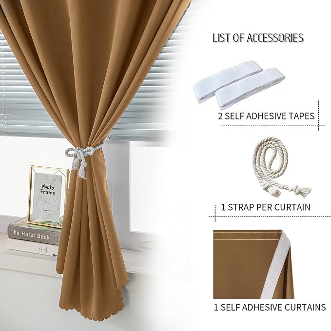 Self Adhesive Curtains, Stick Curtain Blackout Shades Window Cover Curtains for Living Room No Drilling, 47" W X 71" L, Brown, 1 Panel - Image 2
