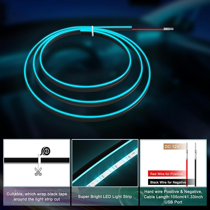 Acrylic Interior Car LED Strip Light with 6mm Sewing Edge - 43.3 inches Ambient Lighting Kits, Neon LED Strip Light(110CM/43.3IN, Ice Blue) - Image 5