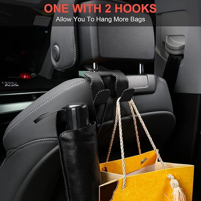 AMVOYOA Car Purse Hook, 2 in 1 Car Seat Headrest Hooks Durable Hanger Storage Holder Leather Organizer for Hanging Grocery Bags, 2 Pack, Brown - Image 3