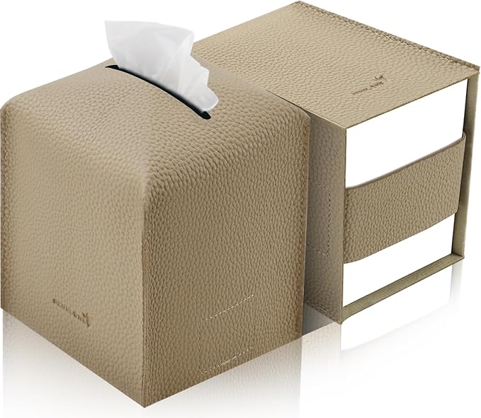 Tissue Box Cover 5X5X5'' PU Leather Tissue Holder Square Tissue Cube Box Organizer for Bathroom Vanity Countertop, Car, Night Stands, Office, Home, Kitchen (2Pack, Wood Apricot) by PENGLONGHOMEDECORATION